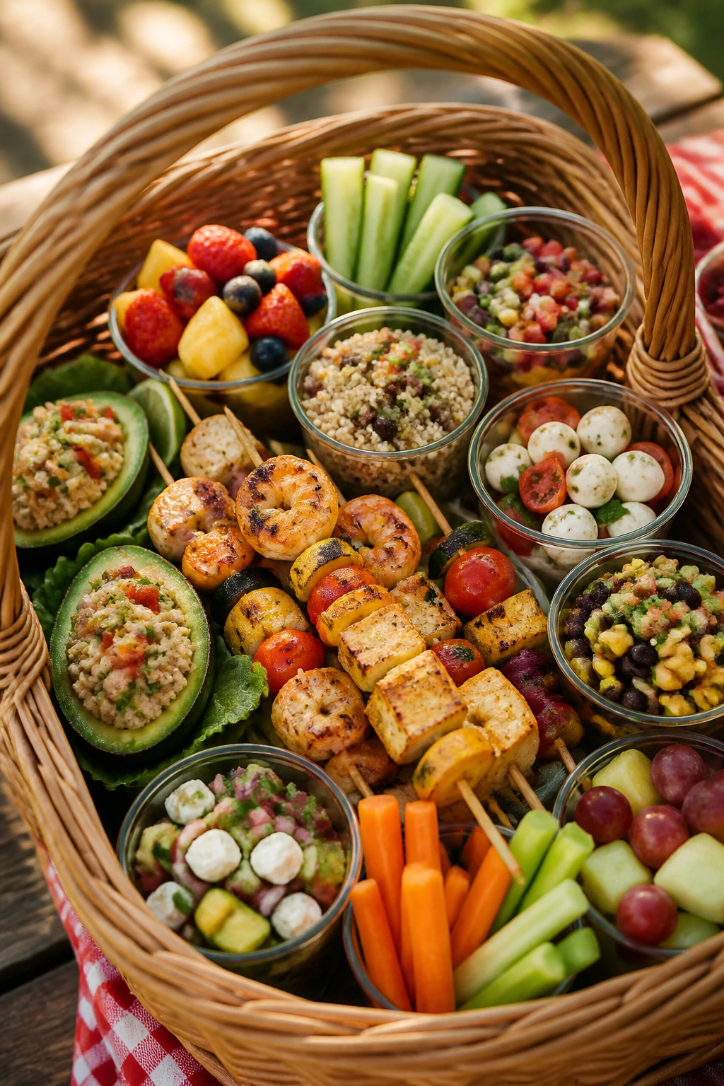 Gluten-free picnic basket filled with skewers and cups