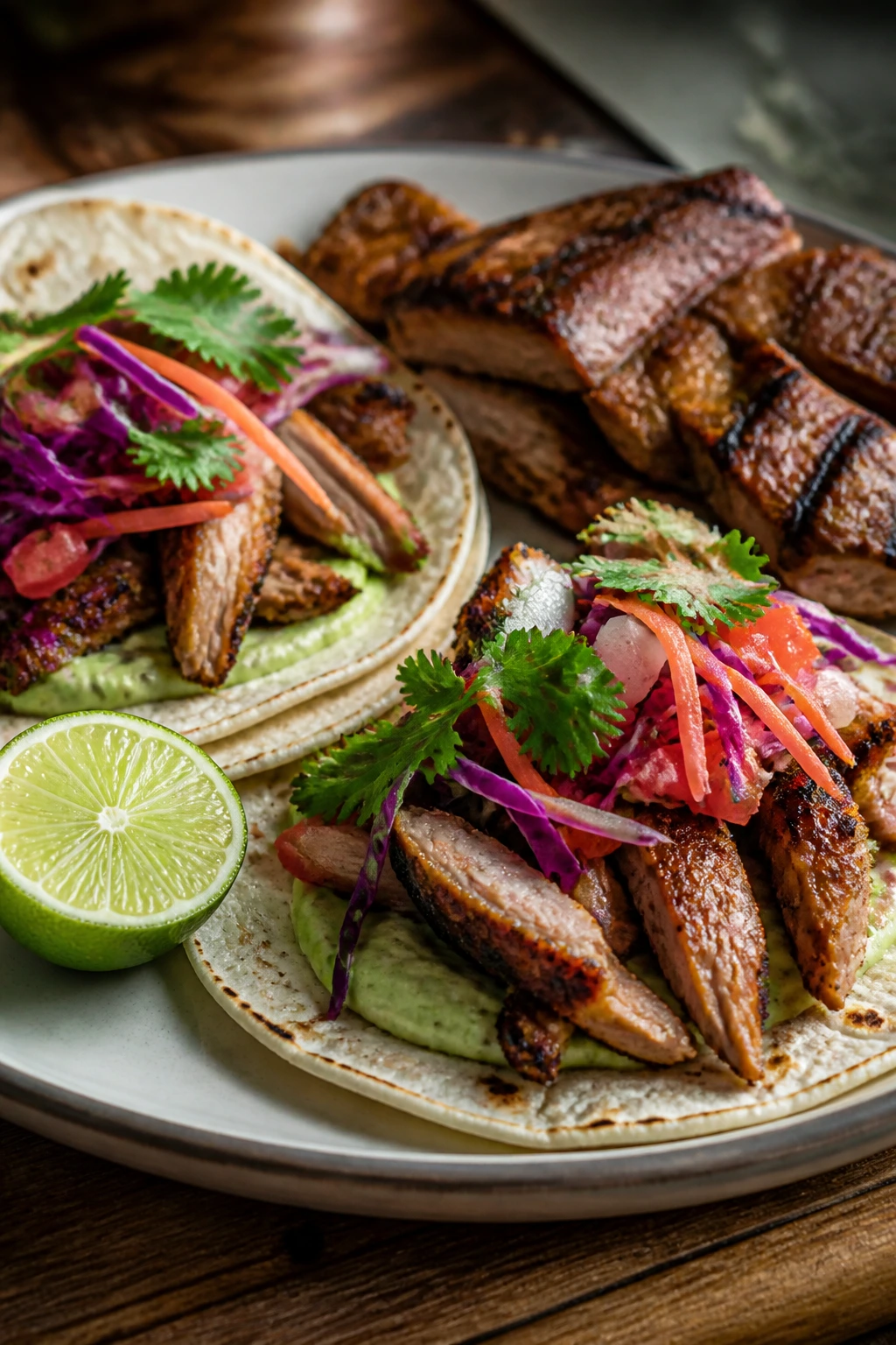 Plate with grilled meat and gluten-free tortillas on a wooden table