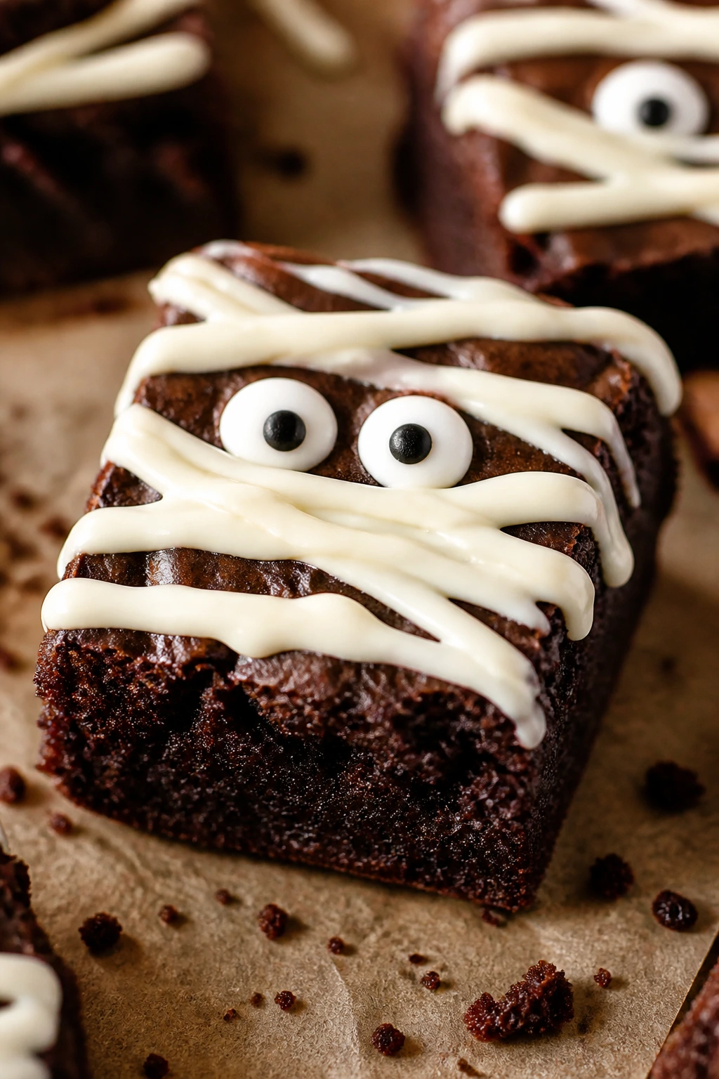 Close-up of Gluten-Free Mummy Brownies with dense fudgy texture