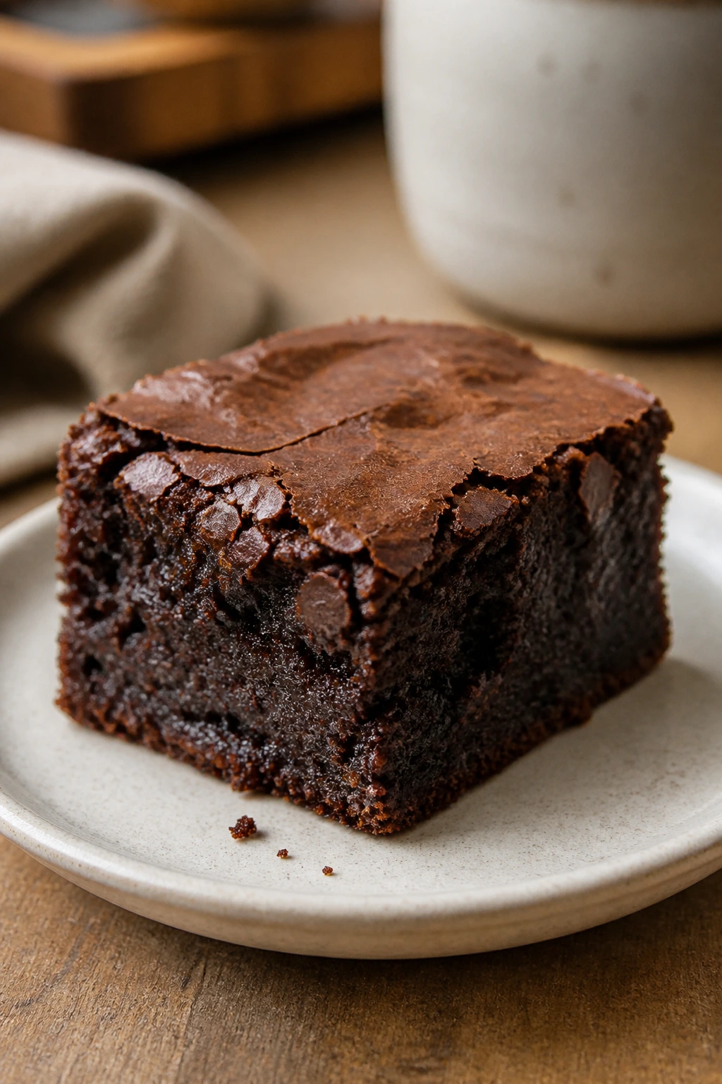 Gluten-free brownie slice on a plate with fudgy crumb.