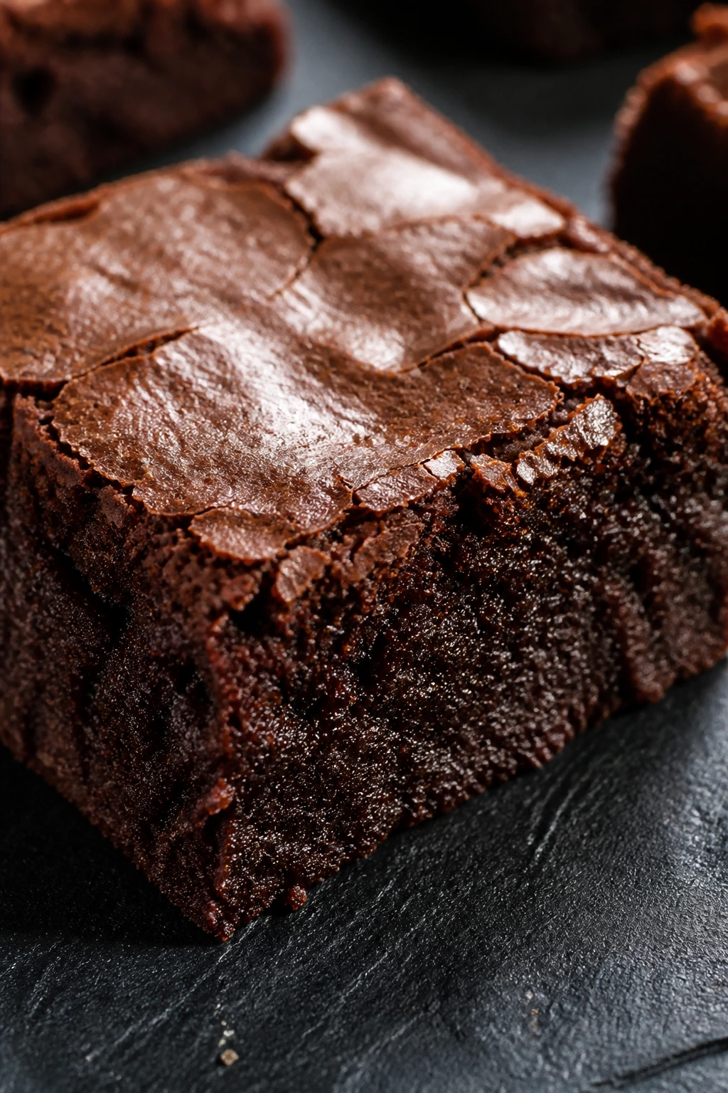 Close-up of a gluten-free almond flour brownie square on a slate surface