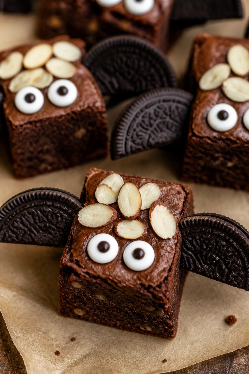 Gluten-free almond bat brownies with Oreo wings and candy eyes