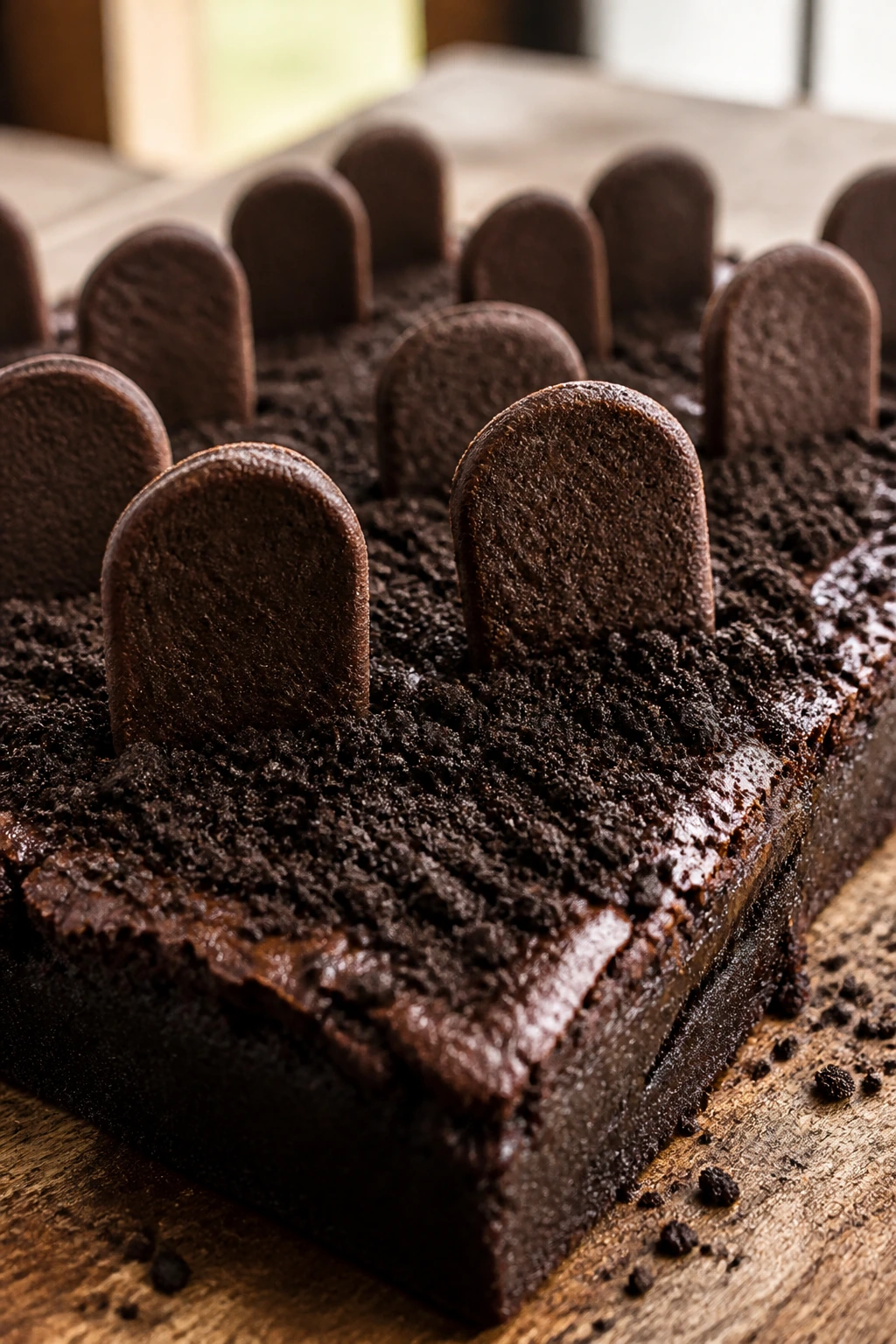 Close-up of gluten-free graveyard brownies with tombstone cookies on a rustic surface.
