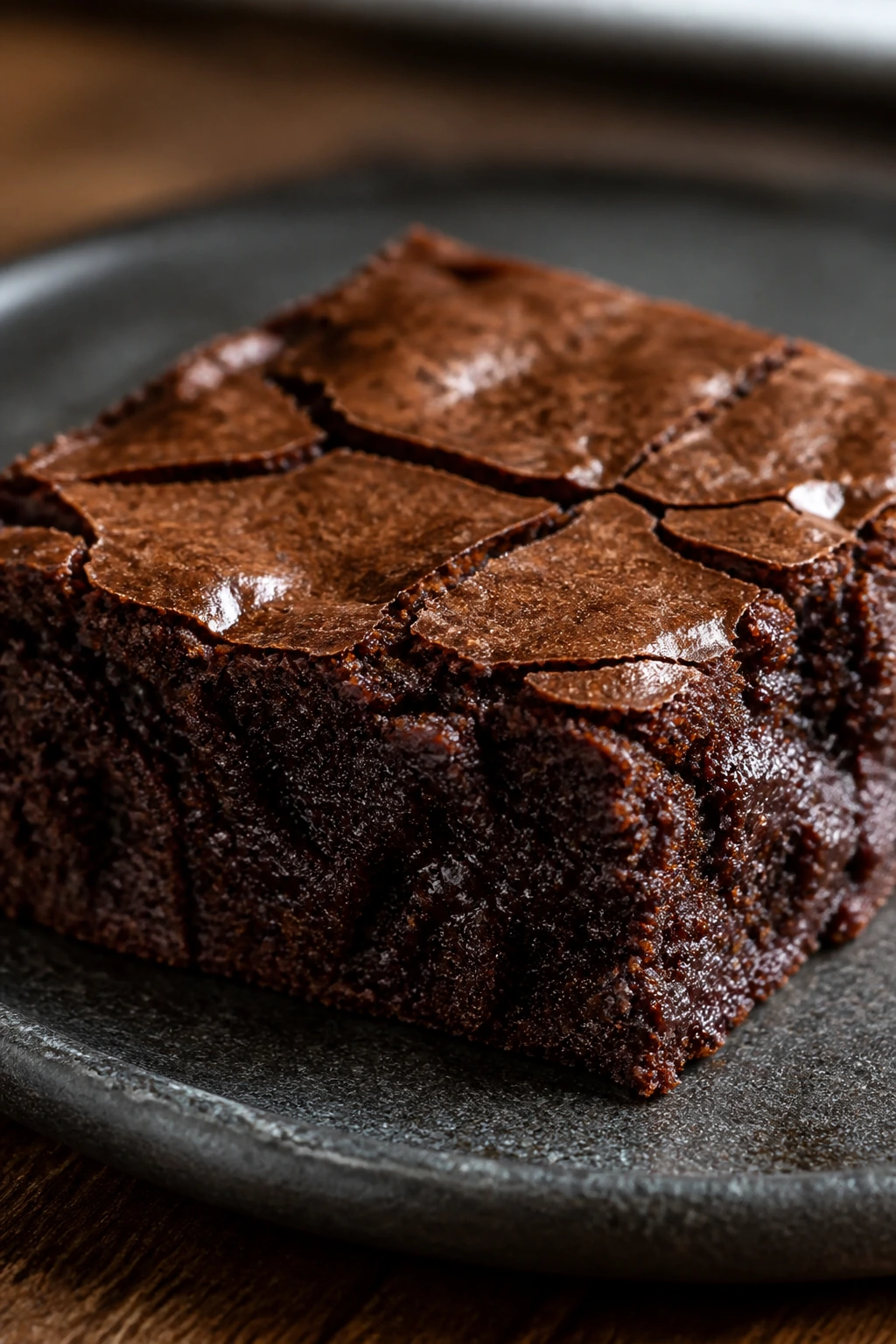 Close-up of a fudgy gluten-free oat flour brownie square on a dark plate