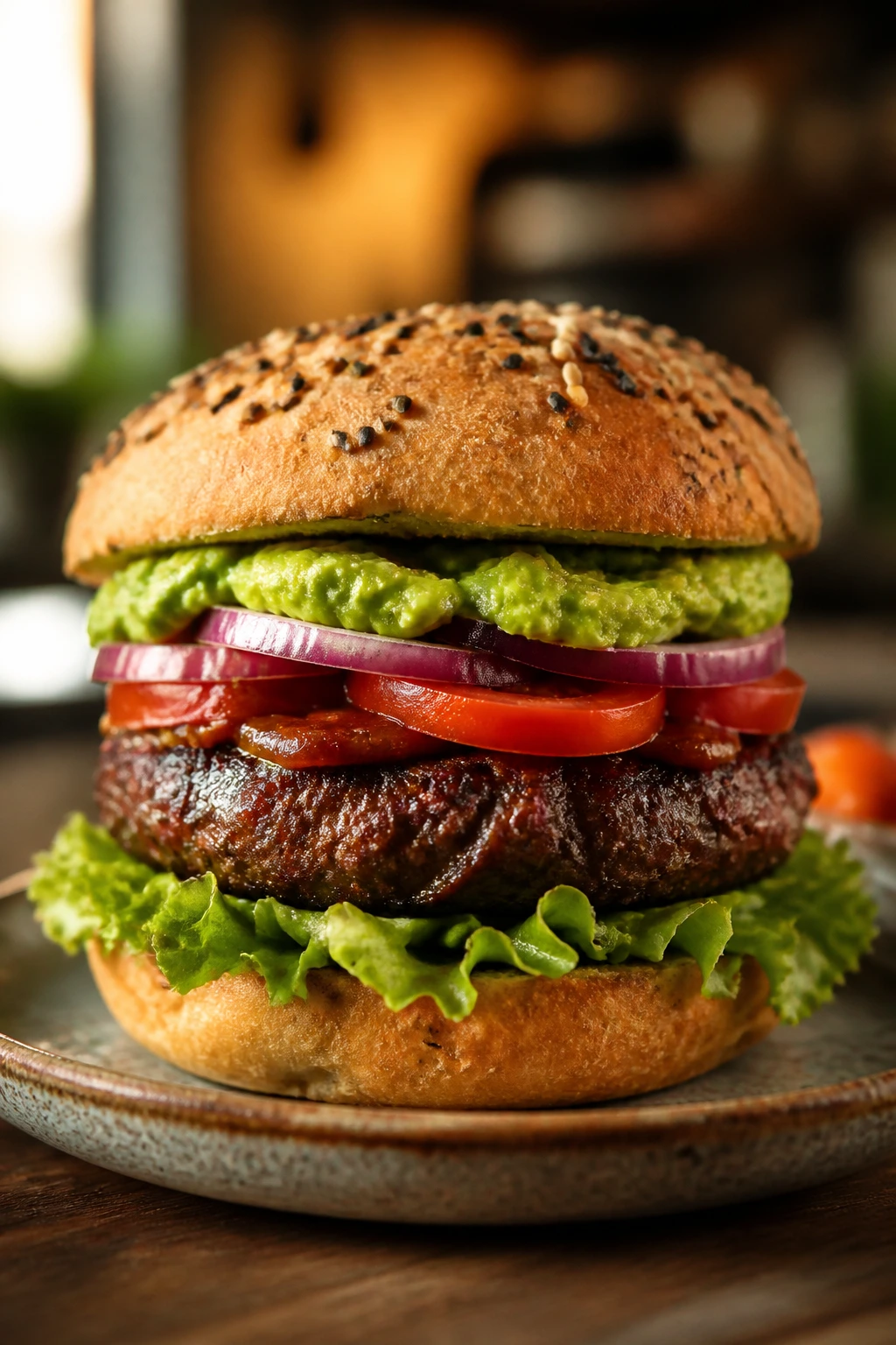 Juicy burger with gluten-free bun and fresh toppings