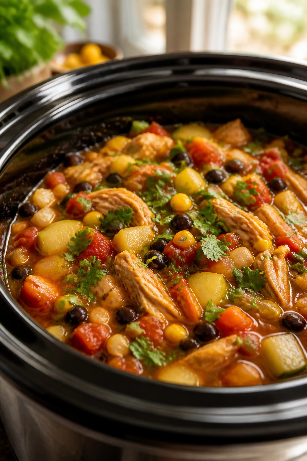 Close-up of gluten-free summer crockpot dish with colorful vegetables in a bright kitchen