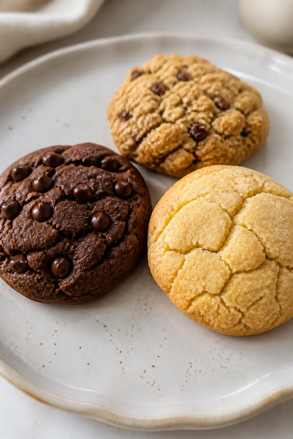 Plate of three cookies showing gluten-free and dairy-free variations