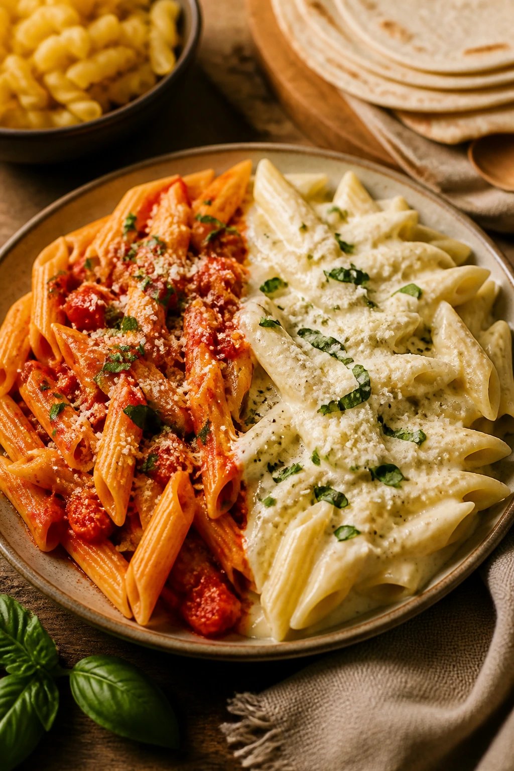 Plate of pasta showing two variation halves: dairy-light and dairy-rich, in a cozy kitchen setting