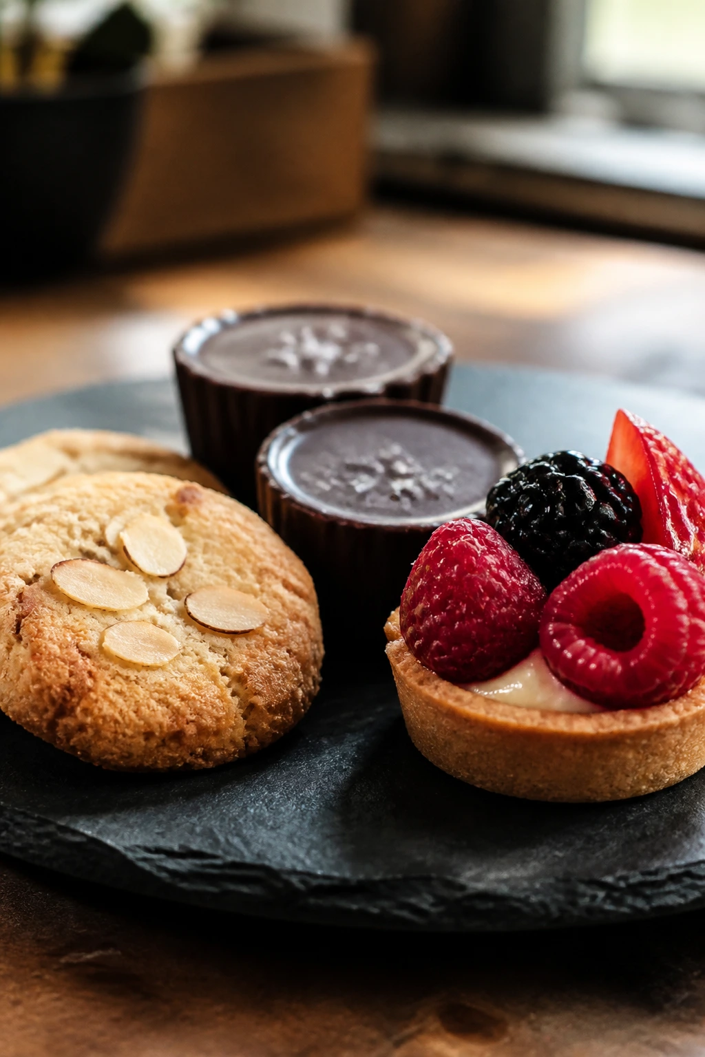 Plate of three bite-sized desserts showing gluten-free, dairy-free, and berry options