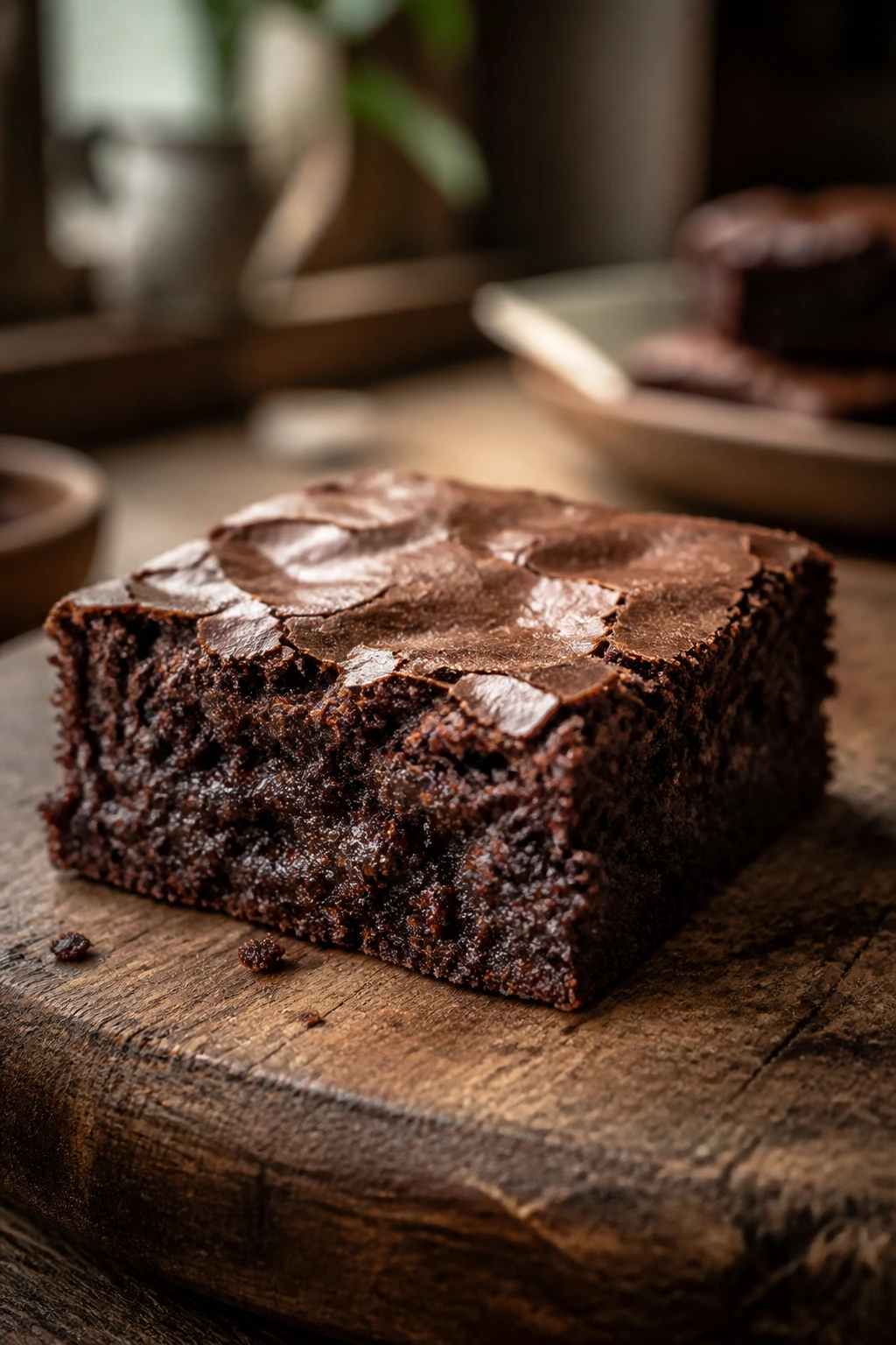 Fudgy brownie square on a rustic wooden board