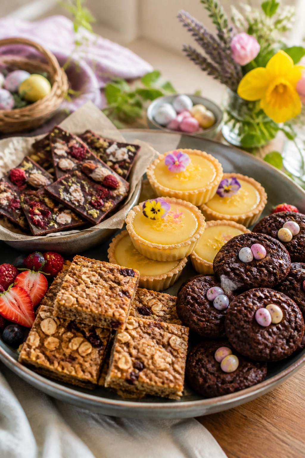 Vibrant Easter dessert tray showing gluten-free, dairy-free, and fruit-forward options on a wooden table