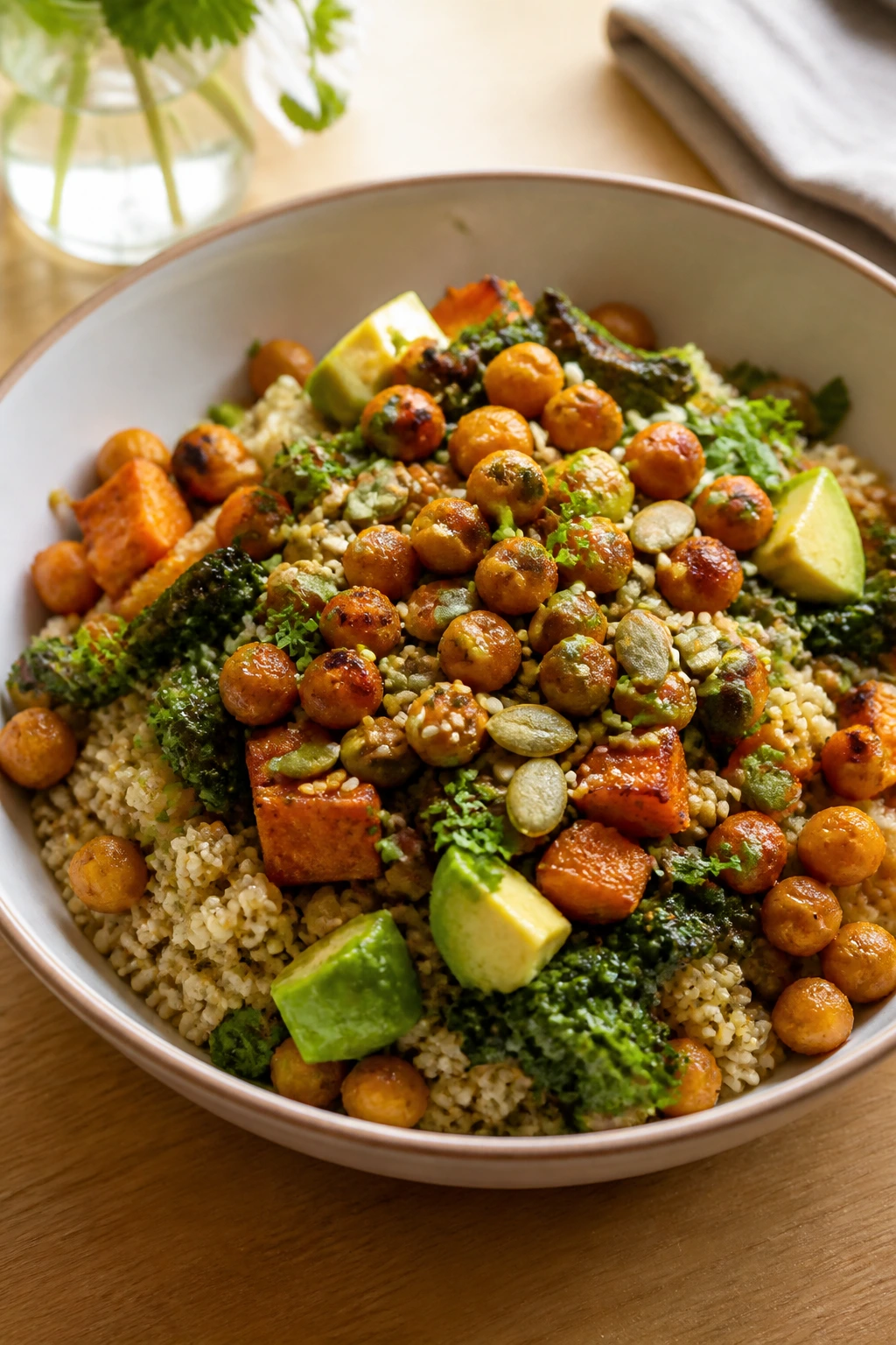 Plate of veggie bowl with chickpeas, quinoa, seeds, and herbs