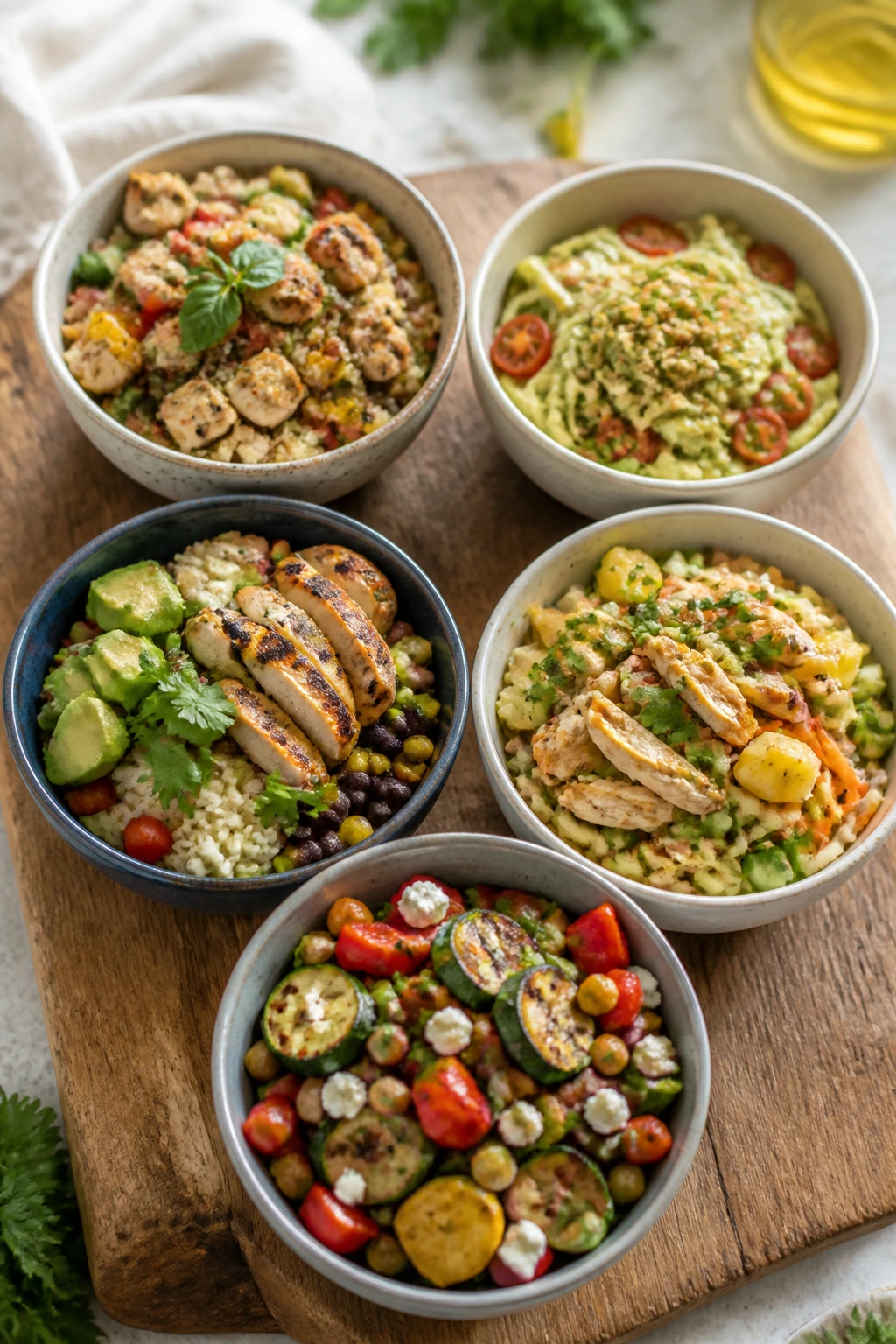 Top-down view of five bowls showing variations: gluten-free, dairy-free, low-sodium, kid-friendly, and vegetarian adaptations.