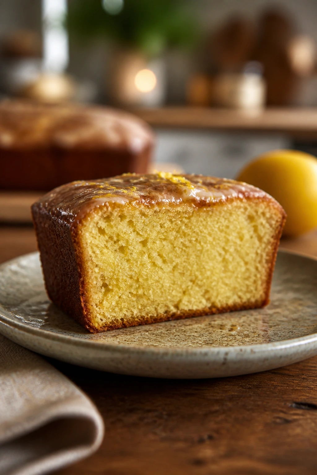Gluten-free olive oil loaf cake slice on plate in cozy kitchen