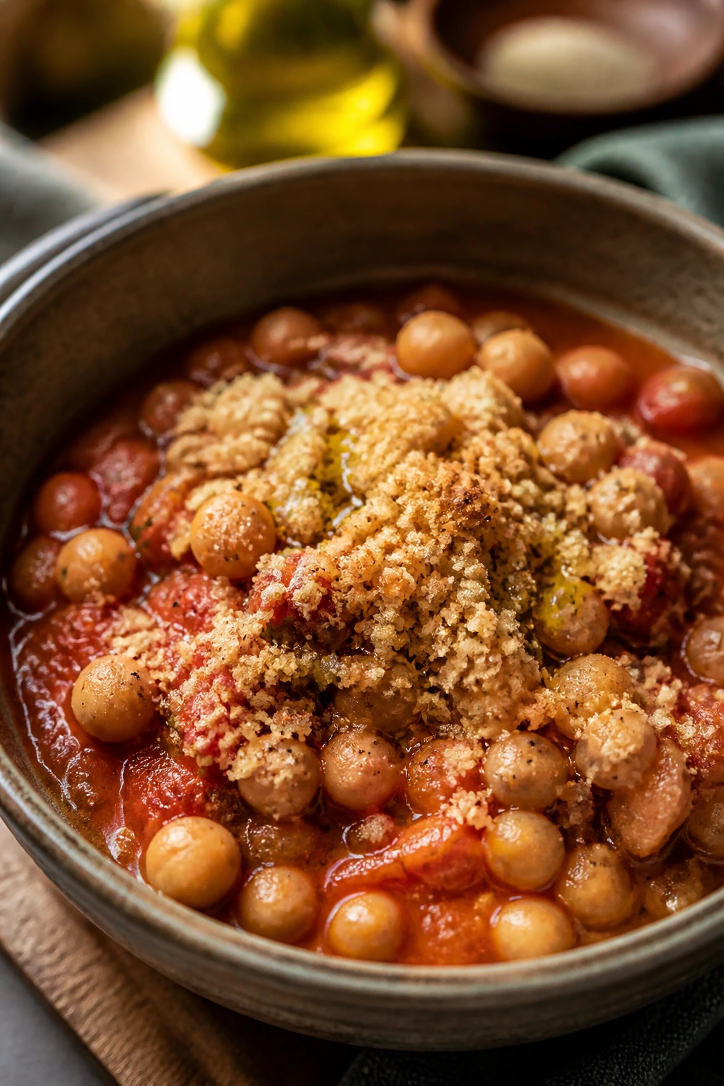 Chickpea tomato stew with breadcrumb topping in a rustic bowl.