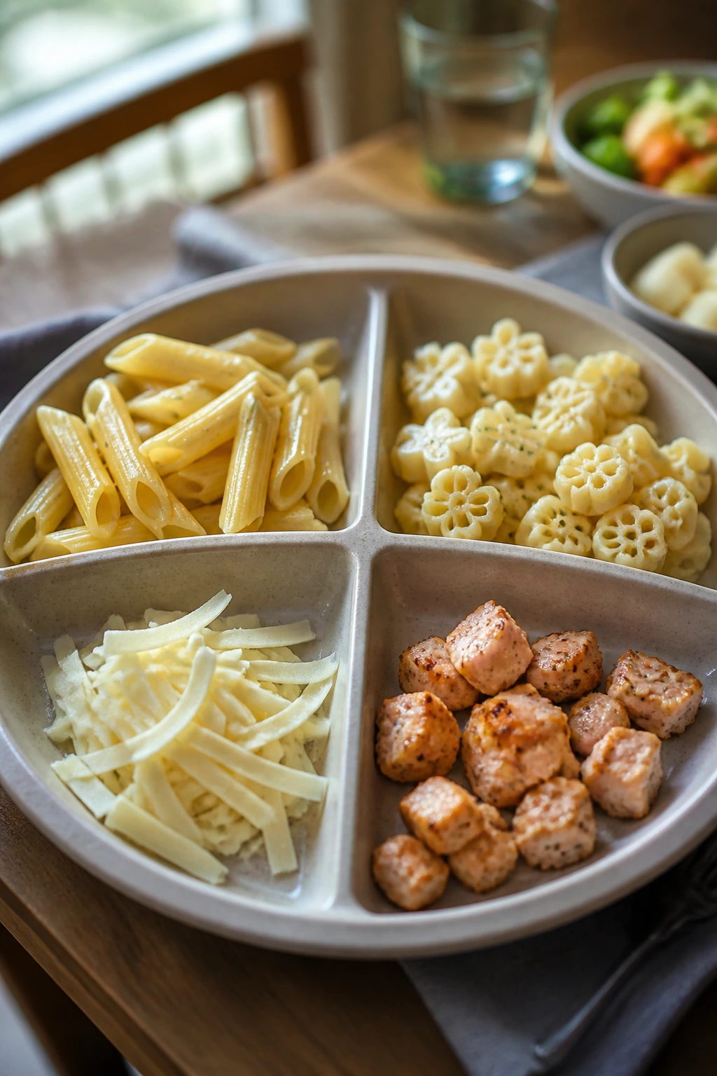 Segmented plate showing dairy-free, gluten-free, and protein options for different eaters.