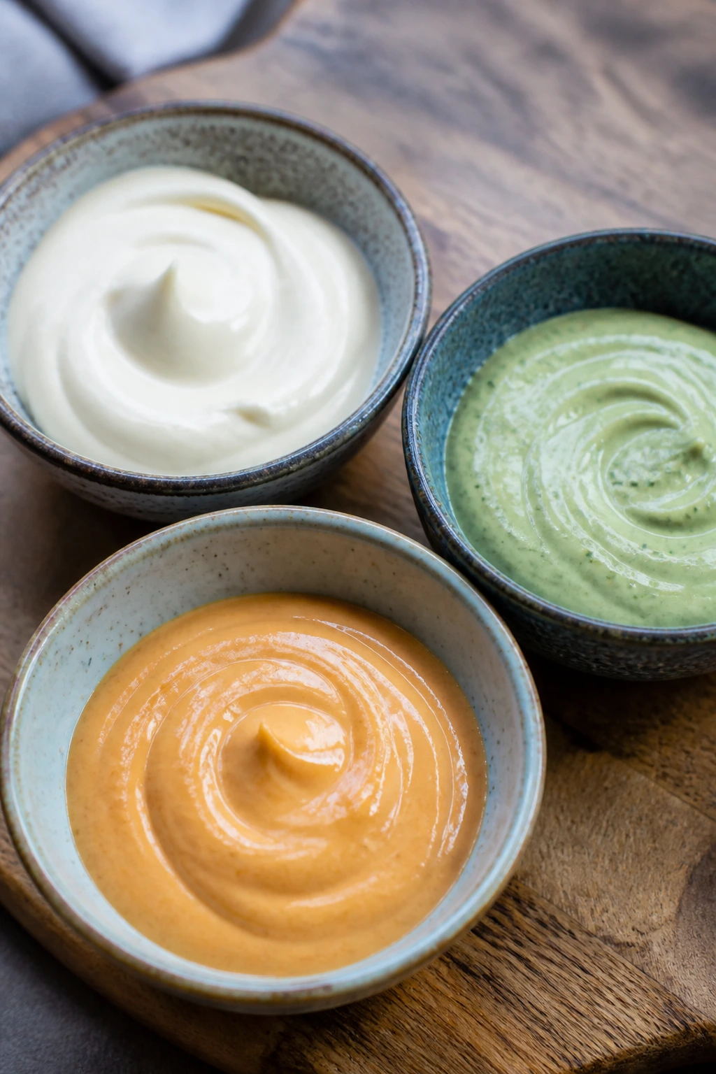 Three bowls with dairy-free sauces on a wooden board