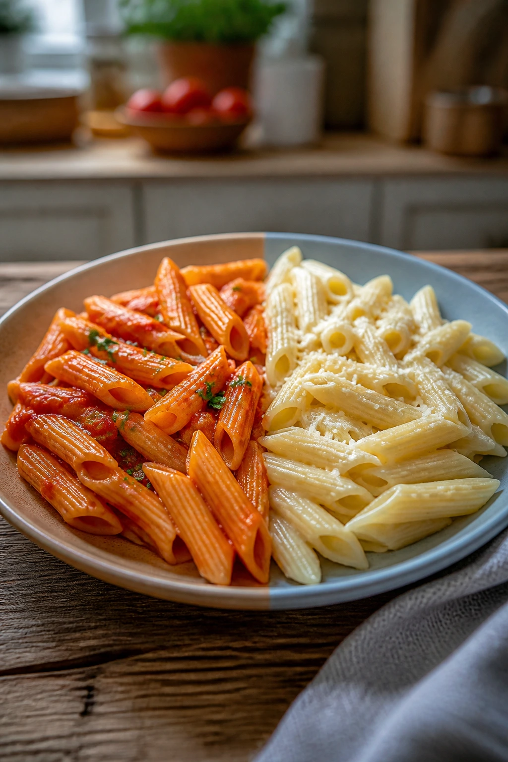 Plate showing gluten-free and regular pasta variations side by side