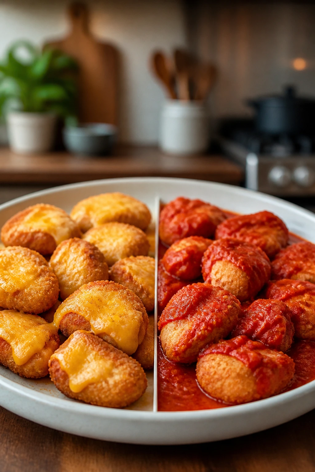 Plate split into two halves showing classic cheesy nuggets and a dairy-free version