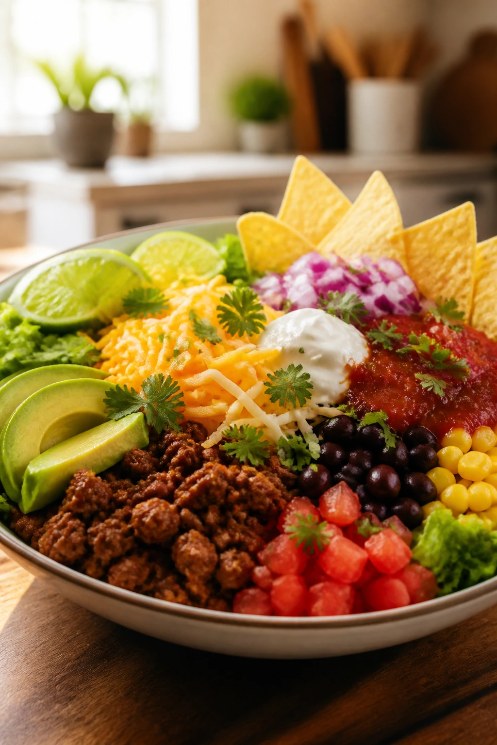 Colorful taco bowl with varied toppings showing gluten-free and dairy-light options.