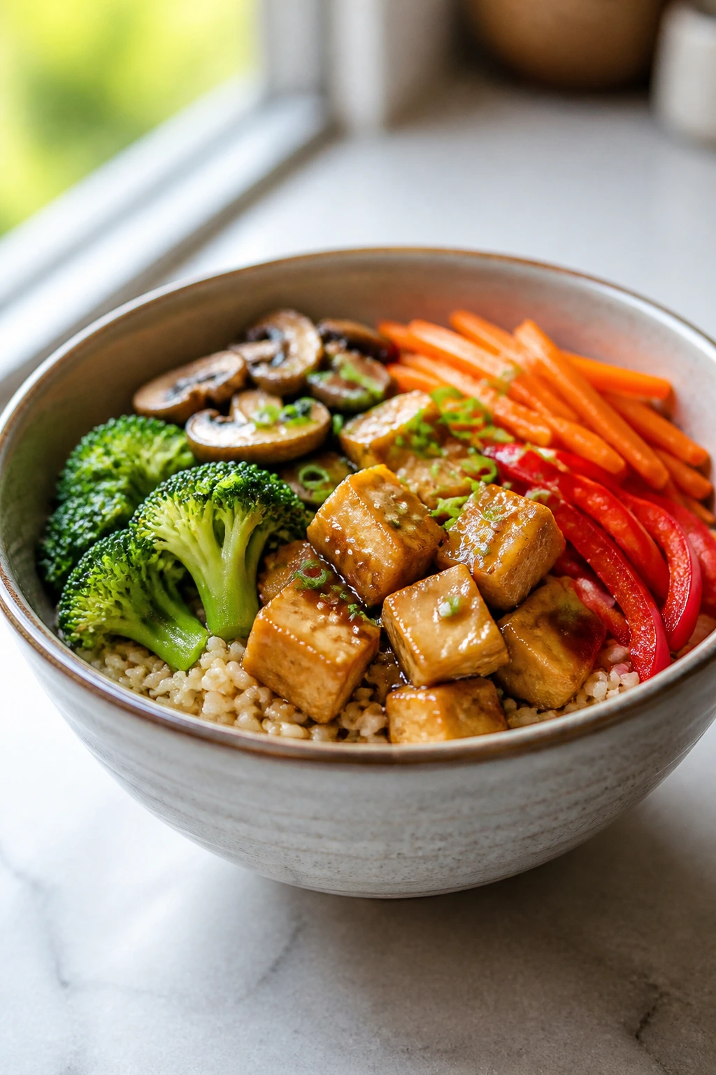 Close-up of a colorful rice bowl on a bright kitchen counter