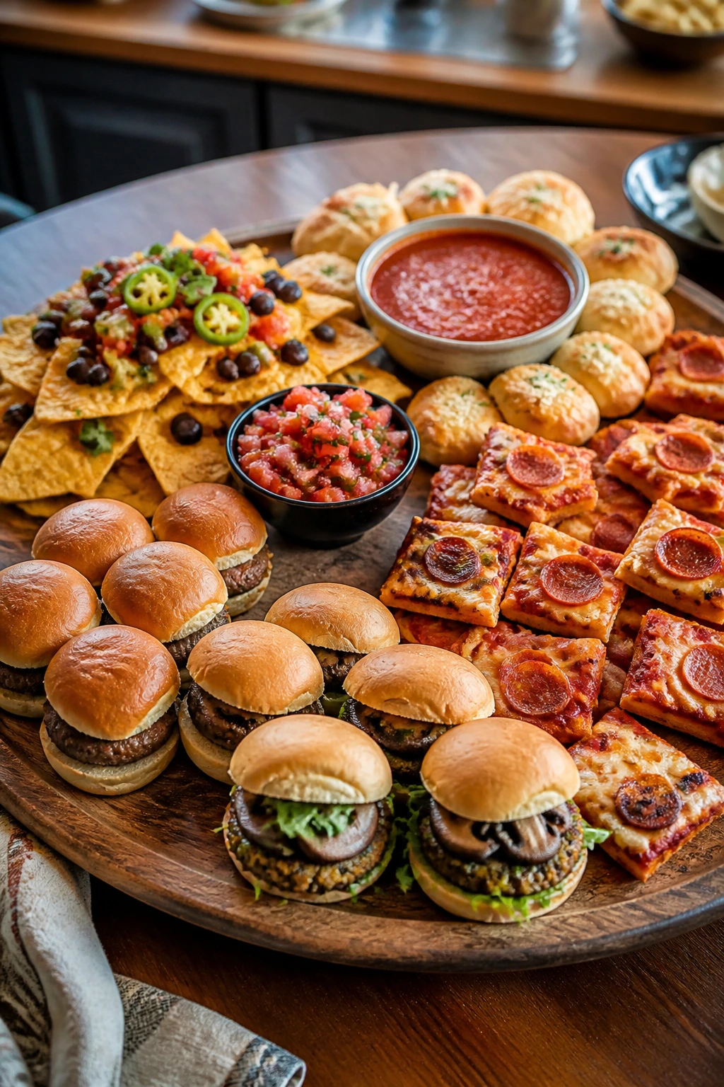 Platter showing gluten-free, dairy-light, vegetarian, mild, and big-game adaptations for movie-night meals.