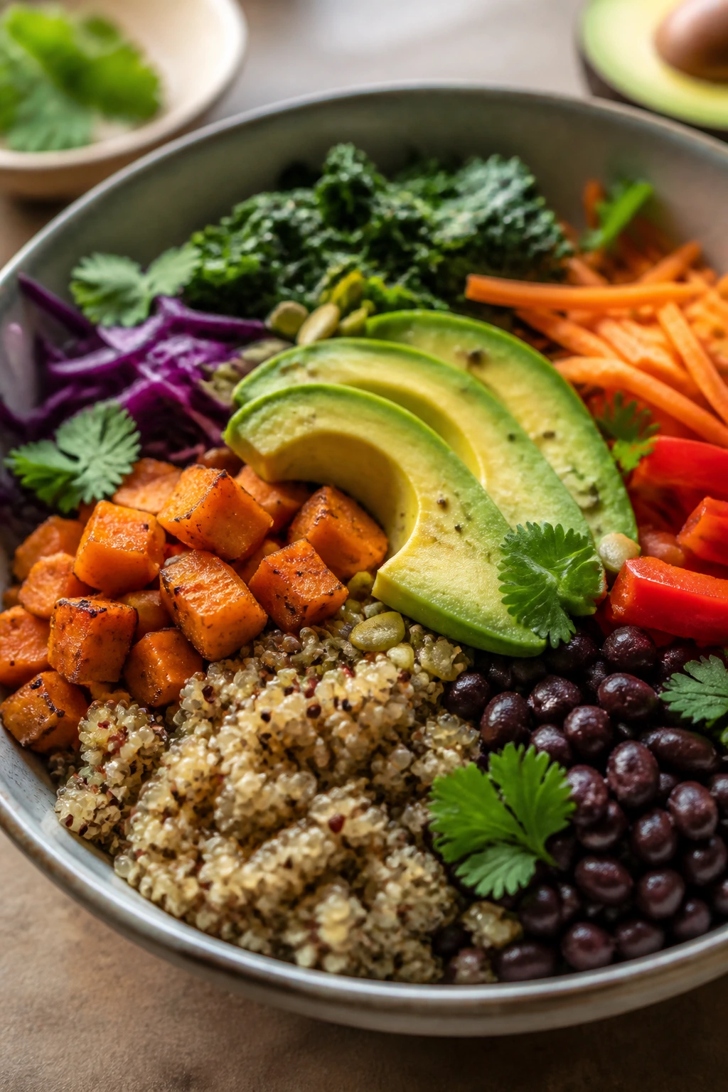 Close-up of a gluten-free, dairy-free vegetarian bowl on a kitchen counter.