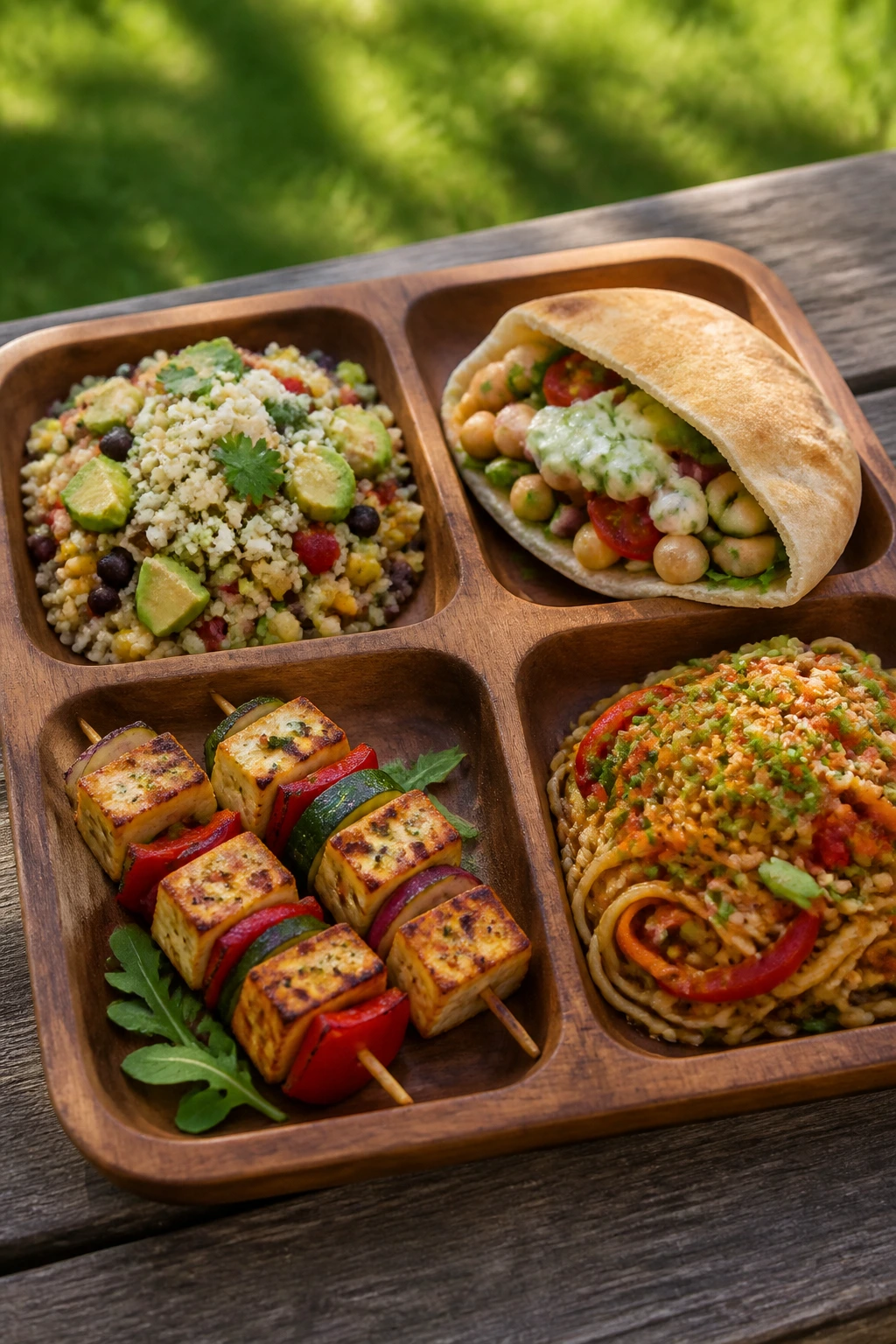 Wooden tray with four compartments showing variations for a picnic: gluten-free, dairy-light, vegetarian, and spicy noodles