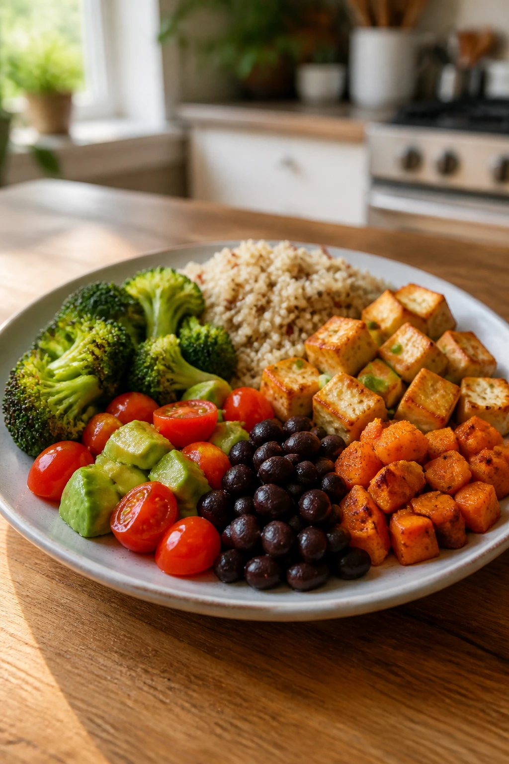 Plate with separated sections showing dairy-free, gluten-free, and veggie-first meals