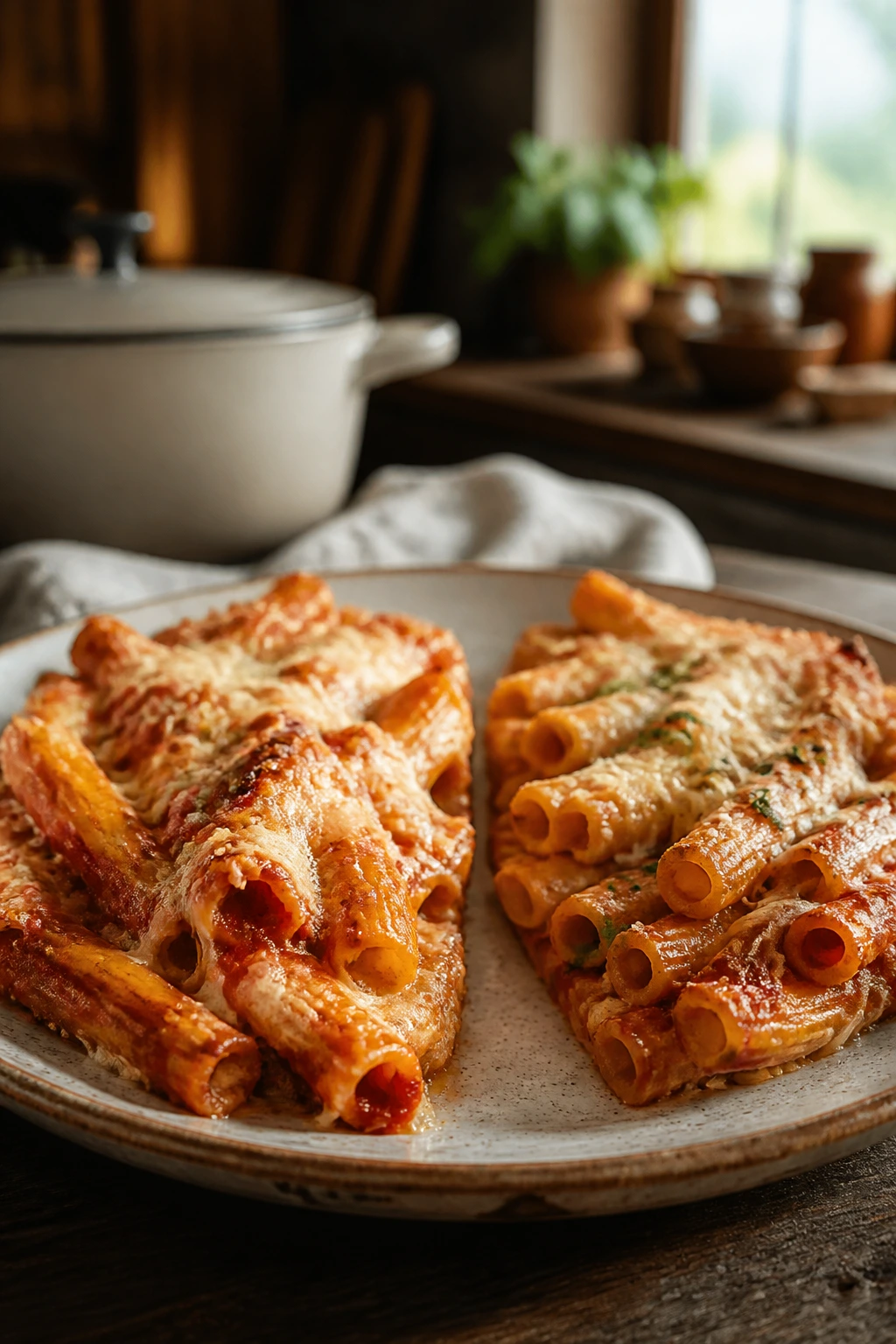 Split-plate showing gluten-free and regular baked ziti halves, illustrating variations.