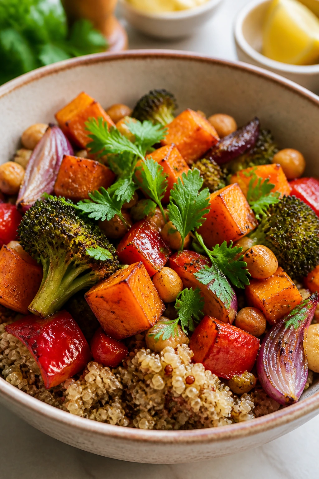 Vibrant quinoa bowl with roasted vegetables and herbs