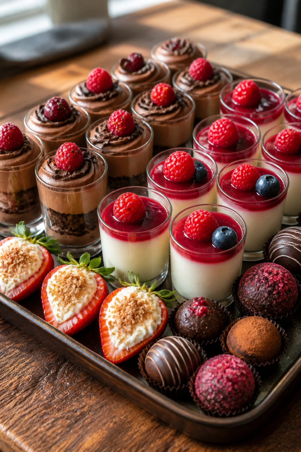 Close-up of gluten-free dessert tray with mousse shooters, panna cotta, cheesecake-stuffed strawberries, and chocolate truffles on a wooden counter