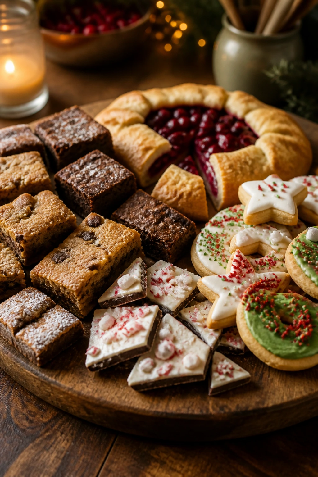 Close-up of a gluten-free holiday dessert tray on a rustic wooden board