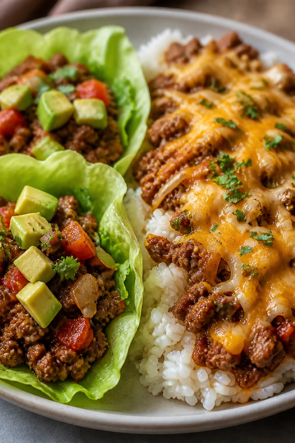 Ground beef plate showing lettuce wrap and rice-topped swap options