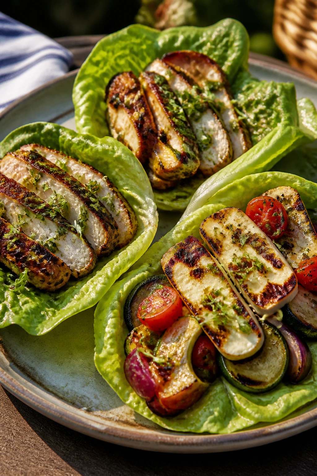 Gluten-free lettuce-wrapped picnic plate with grilled items