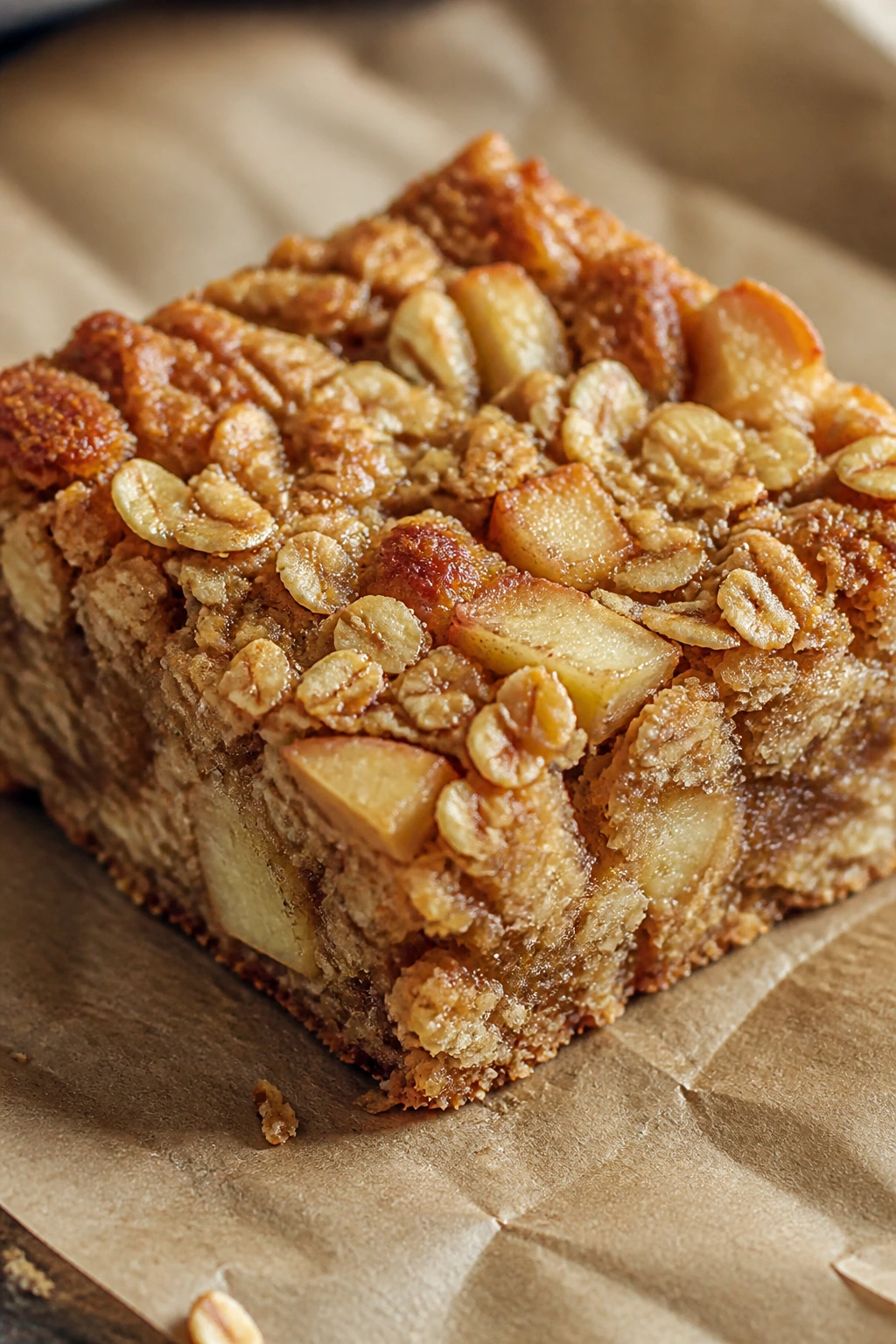 Close-up of a gluten-free oat apple bar square on parchment with oats visible