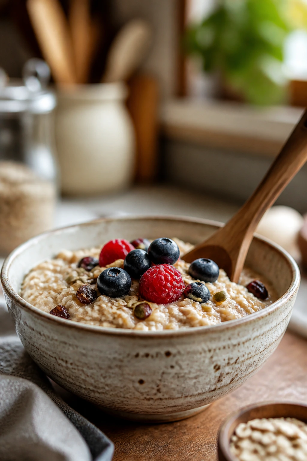Gluten-free oats in a rustic bowl with a wooden spoon, illustrating variations