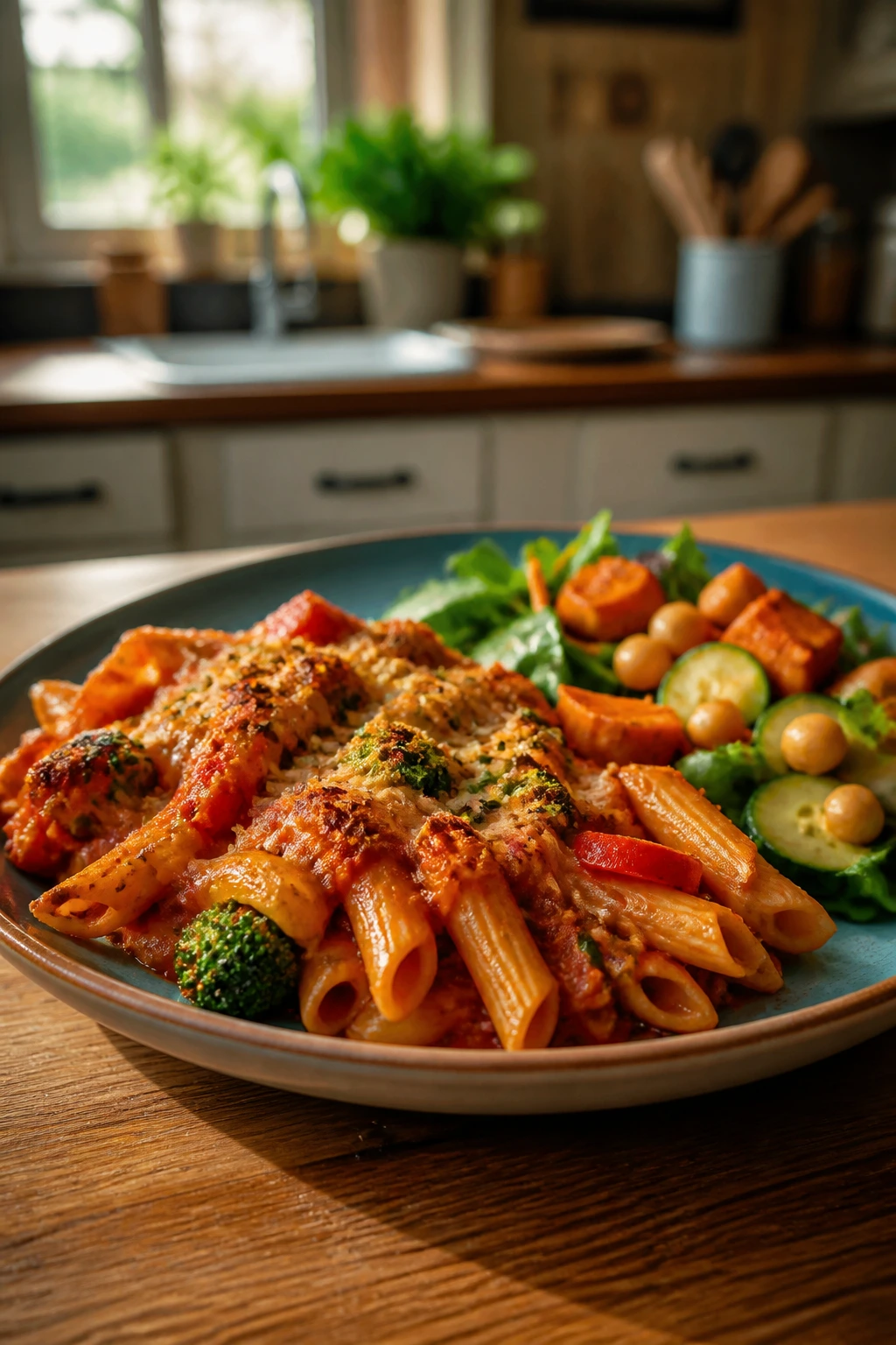 Close-up of a plate showing gluten-free pasta and veggie swap dish in a cozy kitchen.