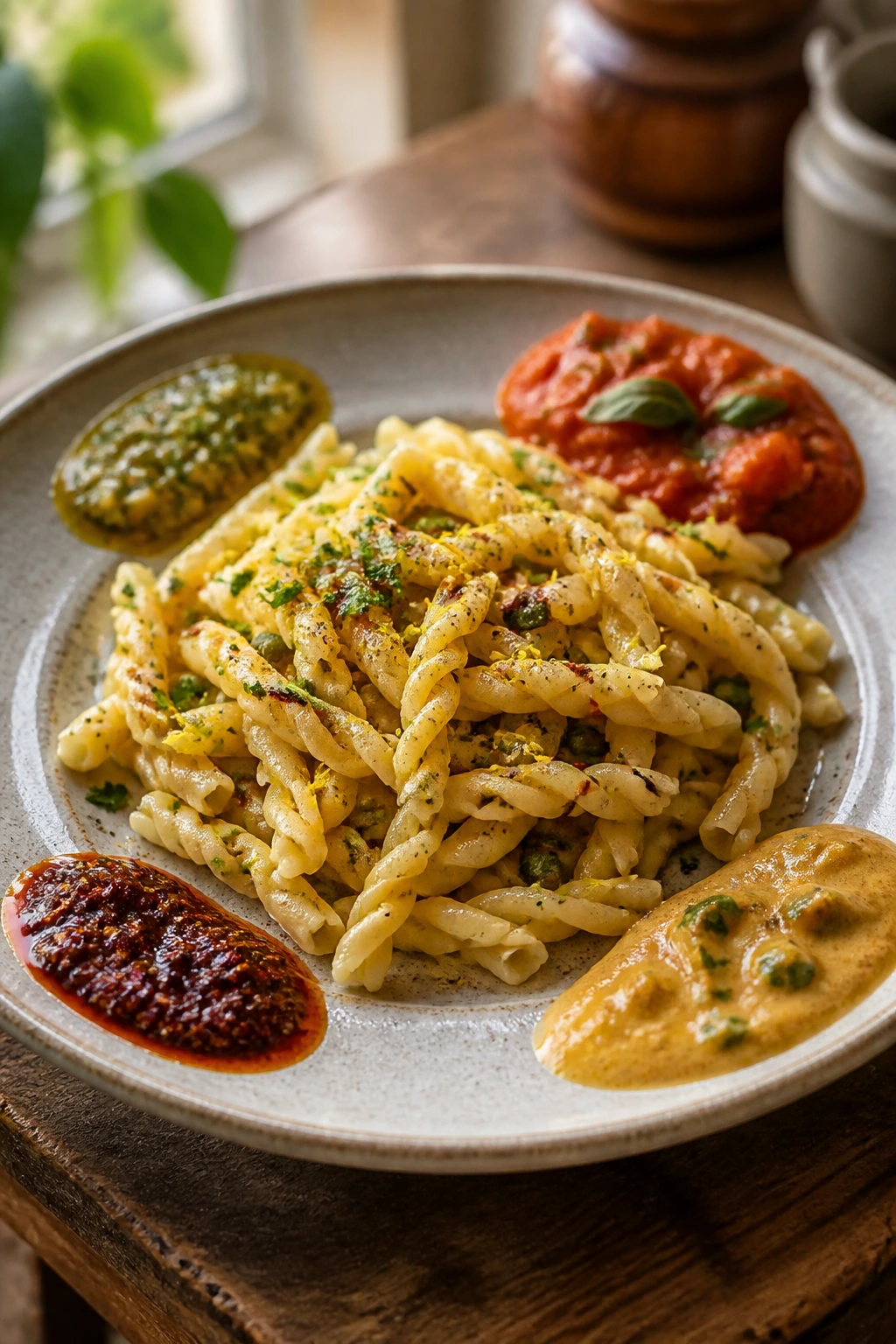 Close-up of gluten-free pasta with four sauce variations on a rustic plate, pantry adaptation concept