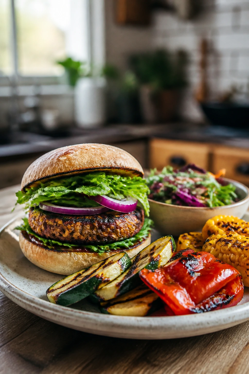 Gluten-free plant-based BBQ plate with patty on GF bun