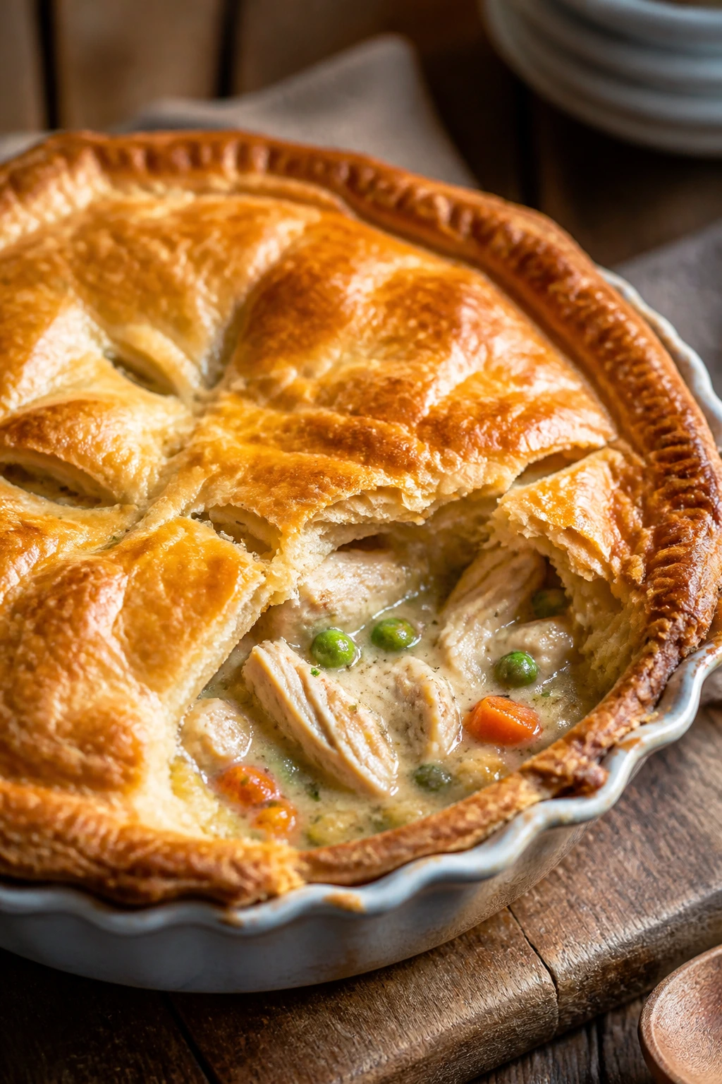 Gluten-free chicken pot pie with golden crust in a baking dish.