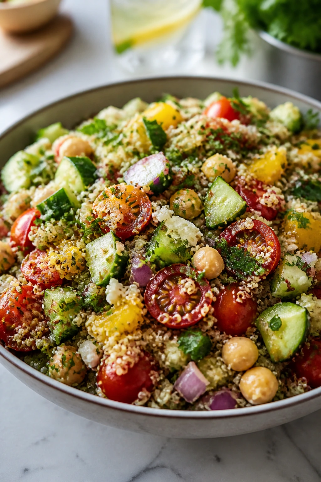 Bowl of gluten-free quinoa salad with colorful toppings