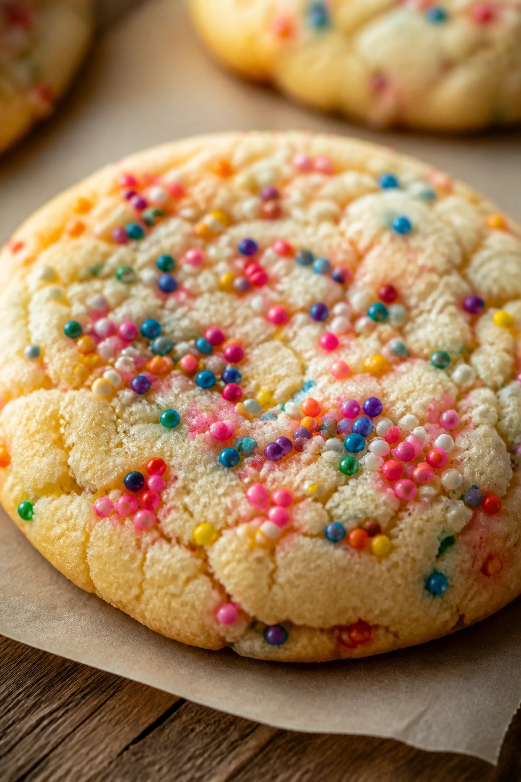 Close-up gluten-free rainbow sugar cookie with sprinkles on parchment