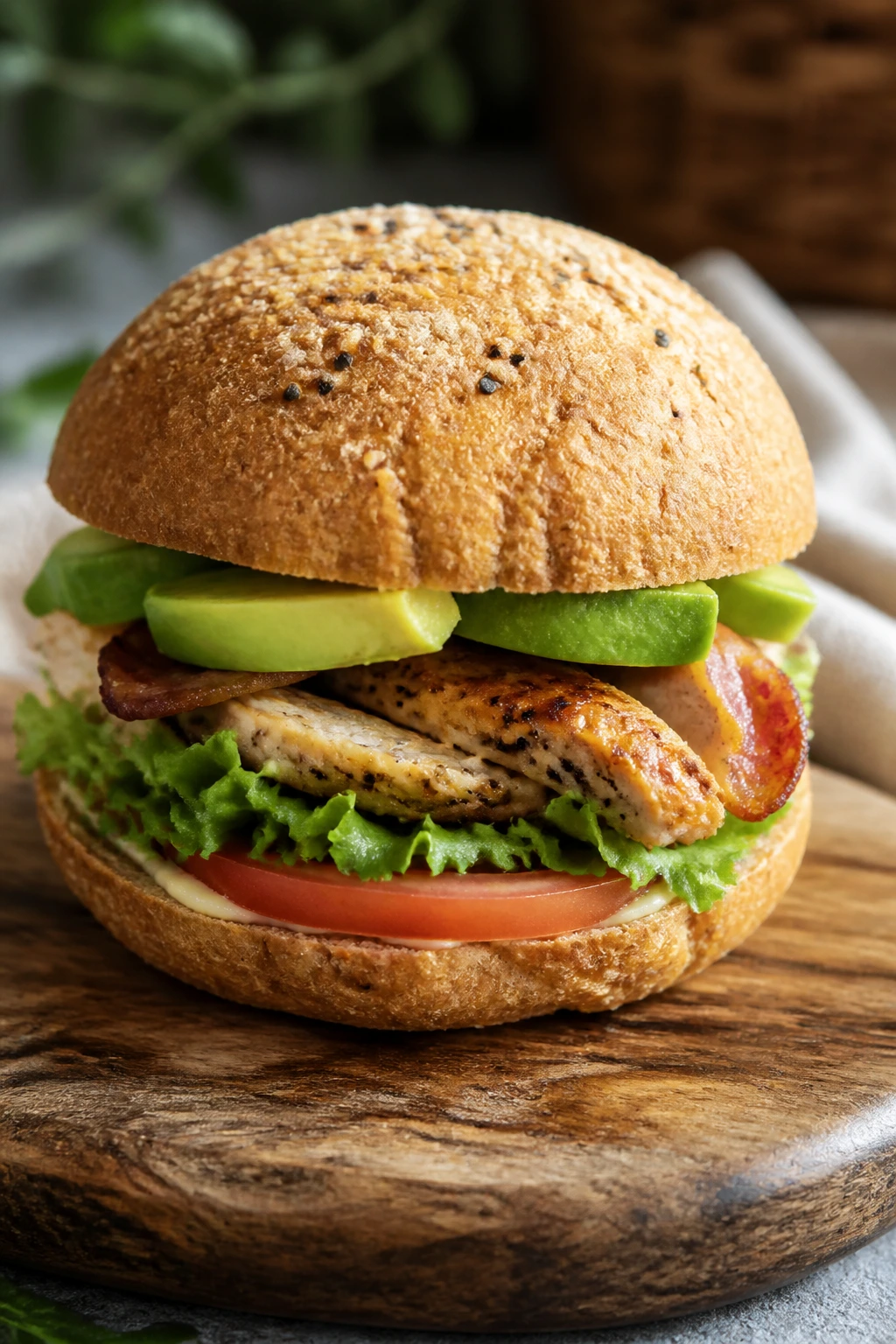 Gluten-free sandwich on rustic board showing texture