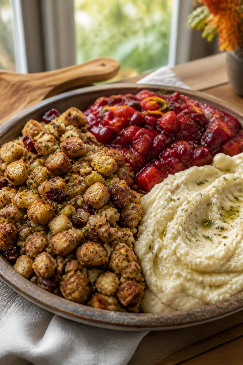 Close-up of a rustic platter showing gluten-free stuffing, dairy-free side, and low-sodium chutney on a warm kitchen table