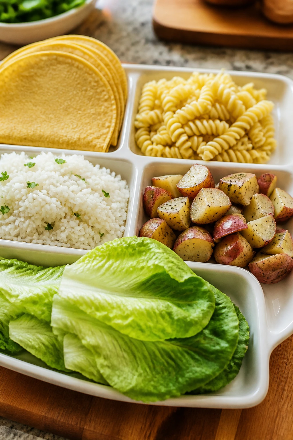 Gluten-free and dairy-free swap tray with tortillas, pasta, rice, potatoes, lettuce wraps.