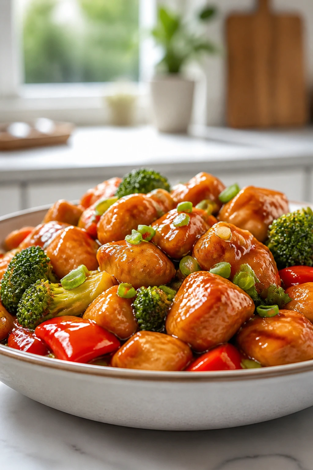 Glossy orange chicken dish in a bowl showing variations with colorful vegetables
