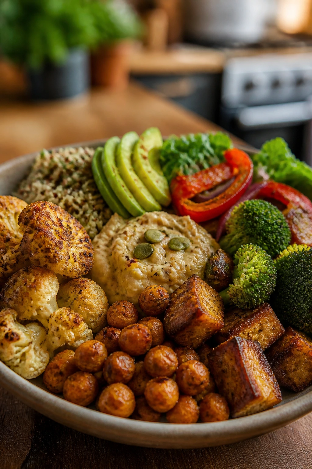 Colorful plate showing gluten-free, vegan, and high-protein variations in a kitchen