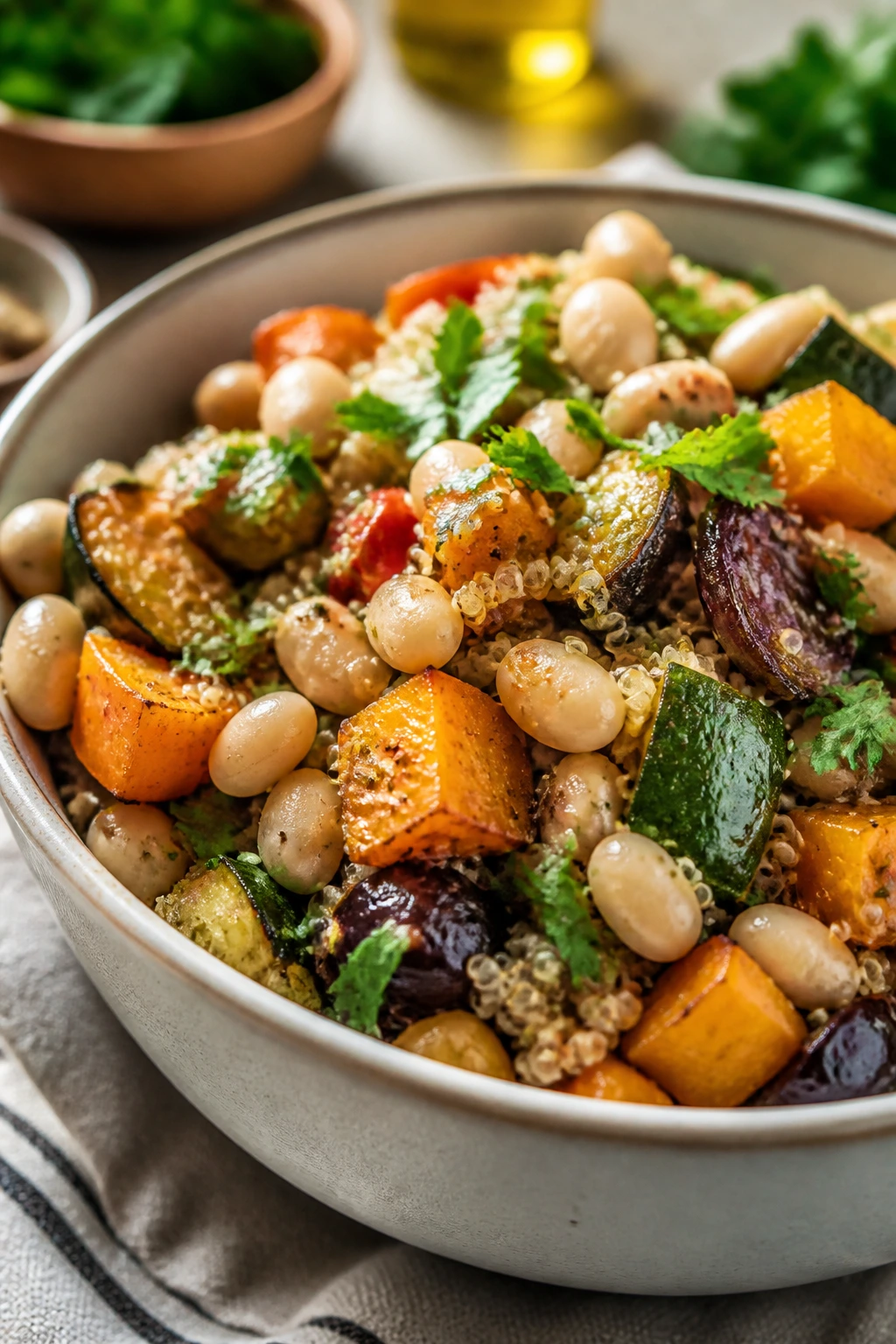 Colorful bowl with quinoa, beans, and roasted vegetables.
