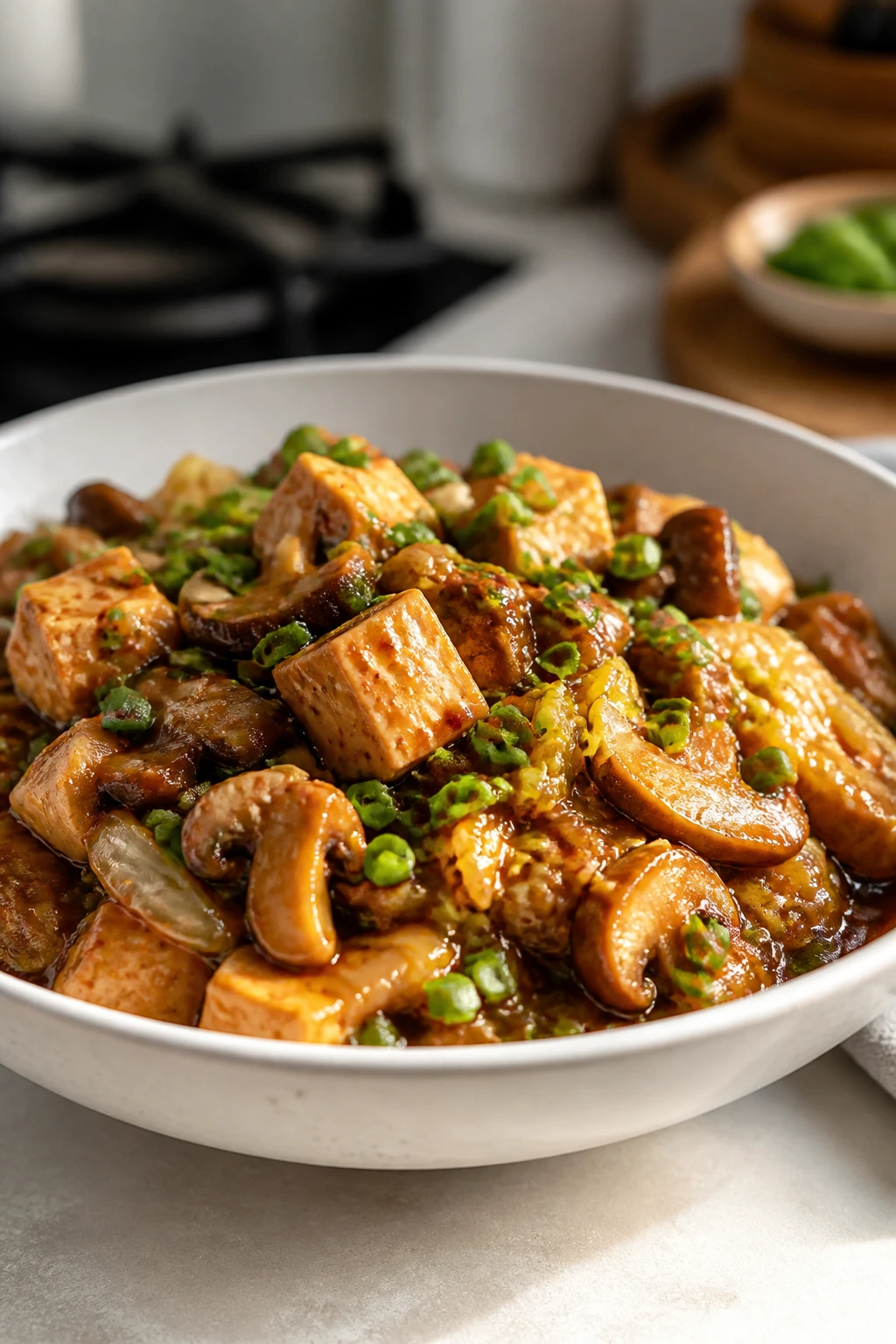 Colorful bowl of vegetarian mapo tofu with mushrooms